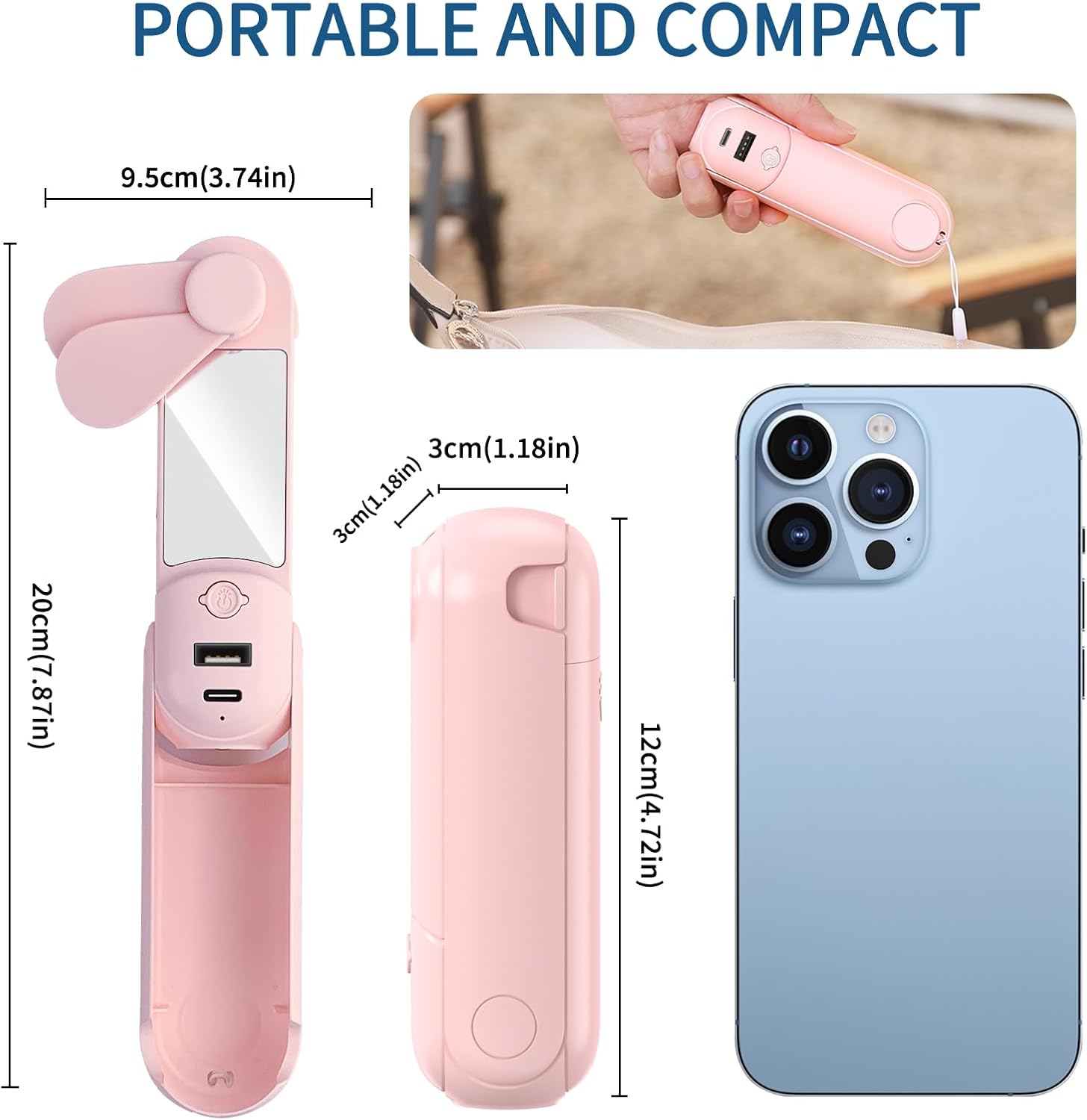 CNMTCCO Handventilator 5-in-1 Akku USB mit Powerbank Taschenlampe Spiegel Rosa