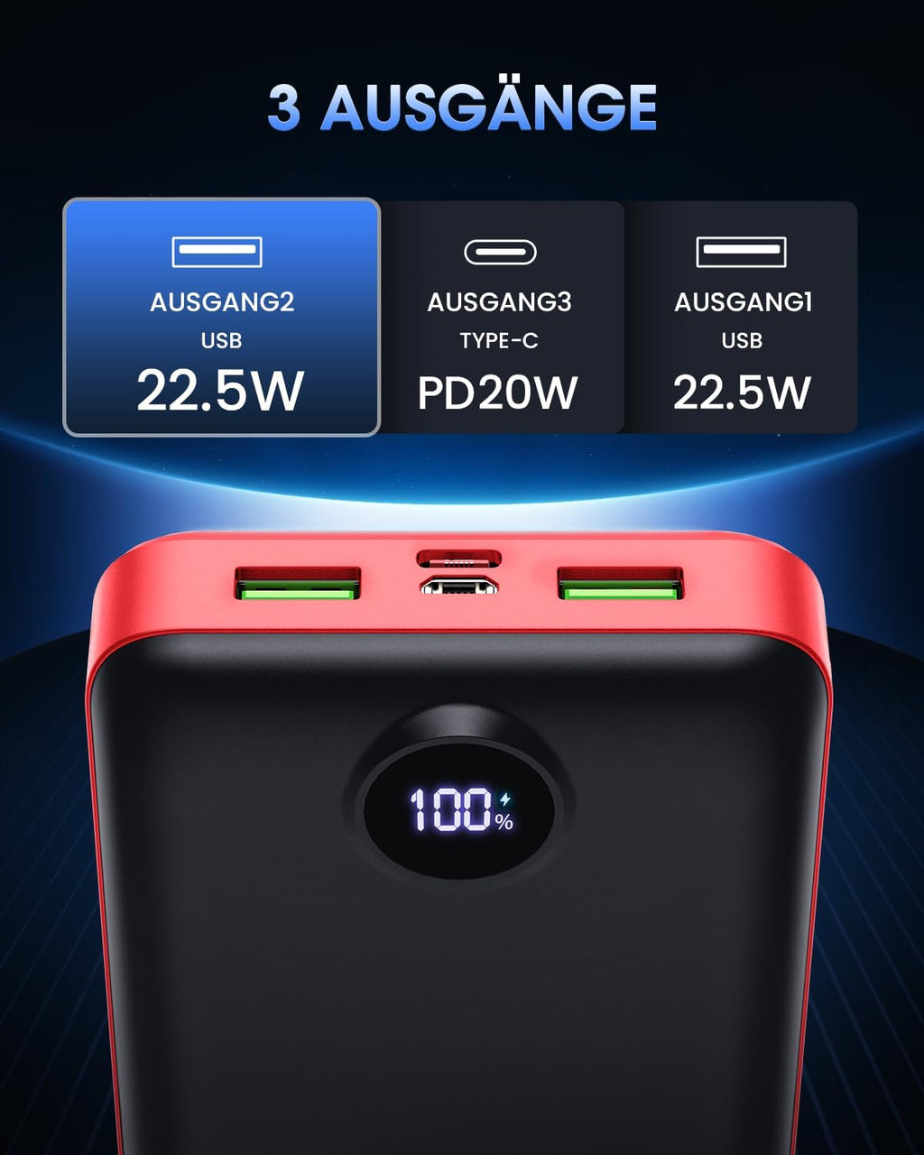 PowerBank 50000 mAh 22,5W USB-C Powerbank 3 Ausgaenge 2 Eingaenge LED Display