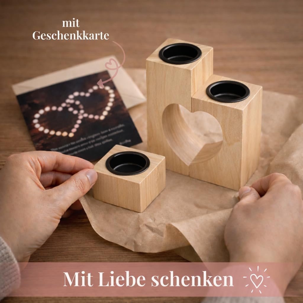 Teelichthalter Herz 3er Set aus Akazienholz 15 cm Valentinstag Geschenk