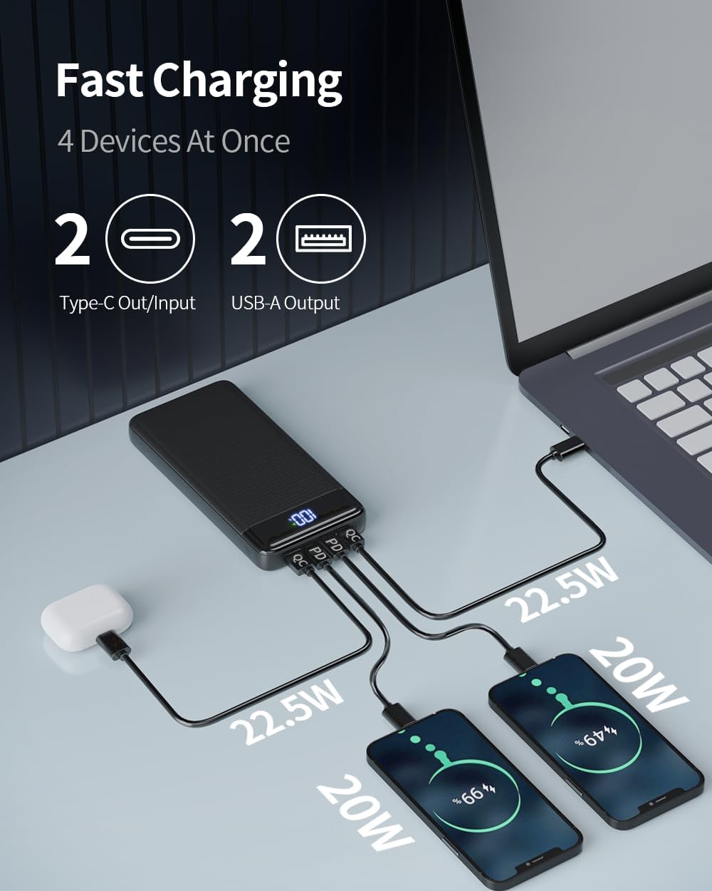 Powerbank 26800 mAh 22,5W USB‑C PD3.0 QC4.0 Schnellladegeraet mit LED-Anzeige kom