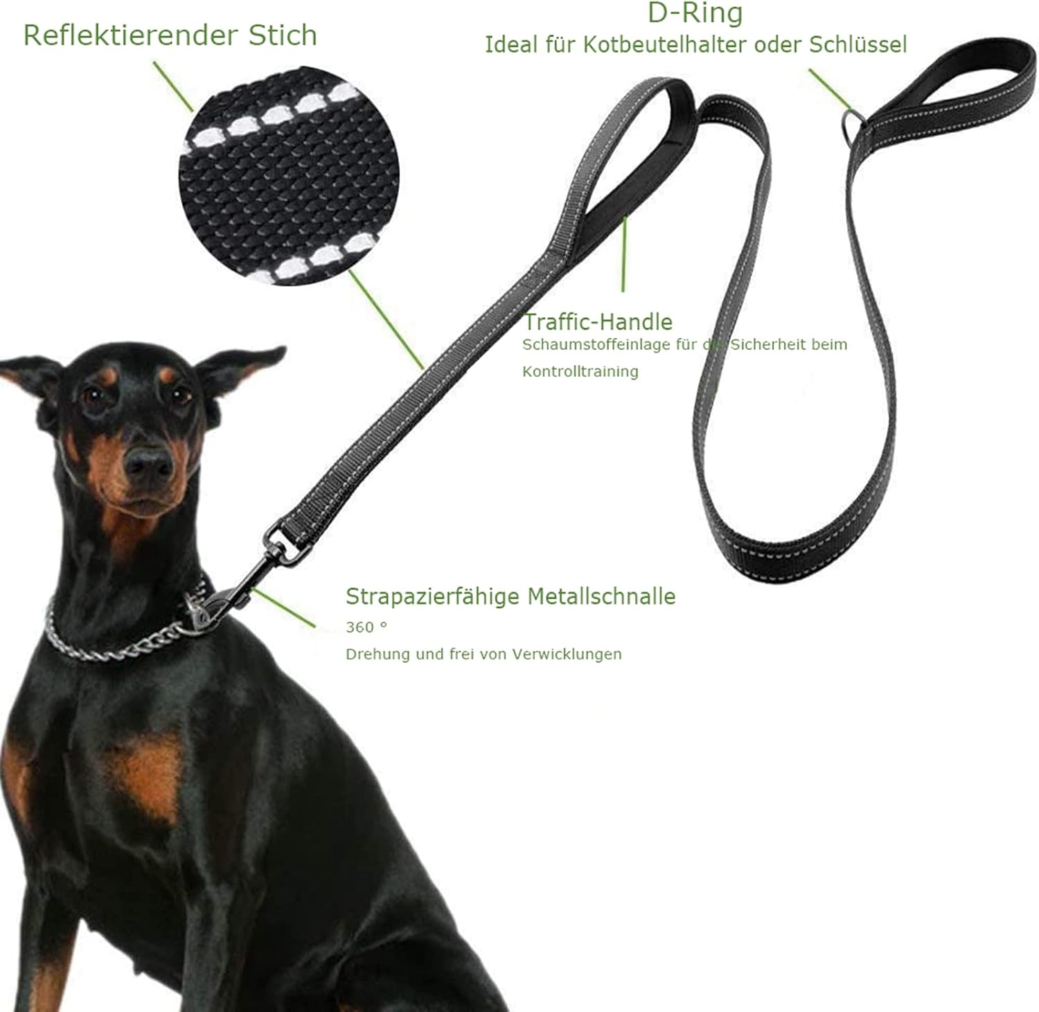 Reflektierende Hundeleine mit gepolsterter Handschlaufe 1,5m-1,8m