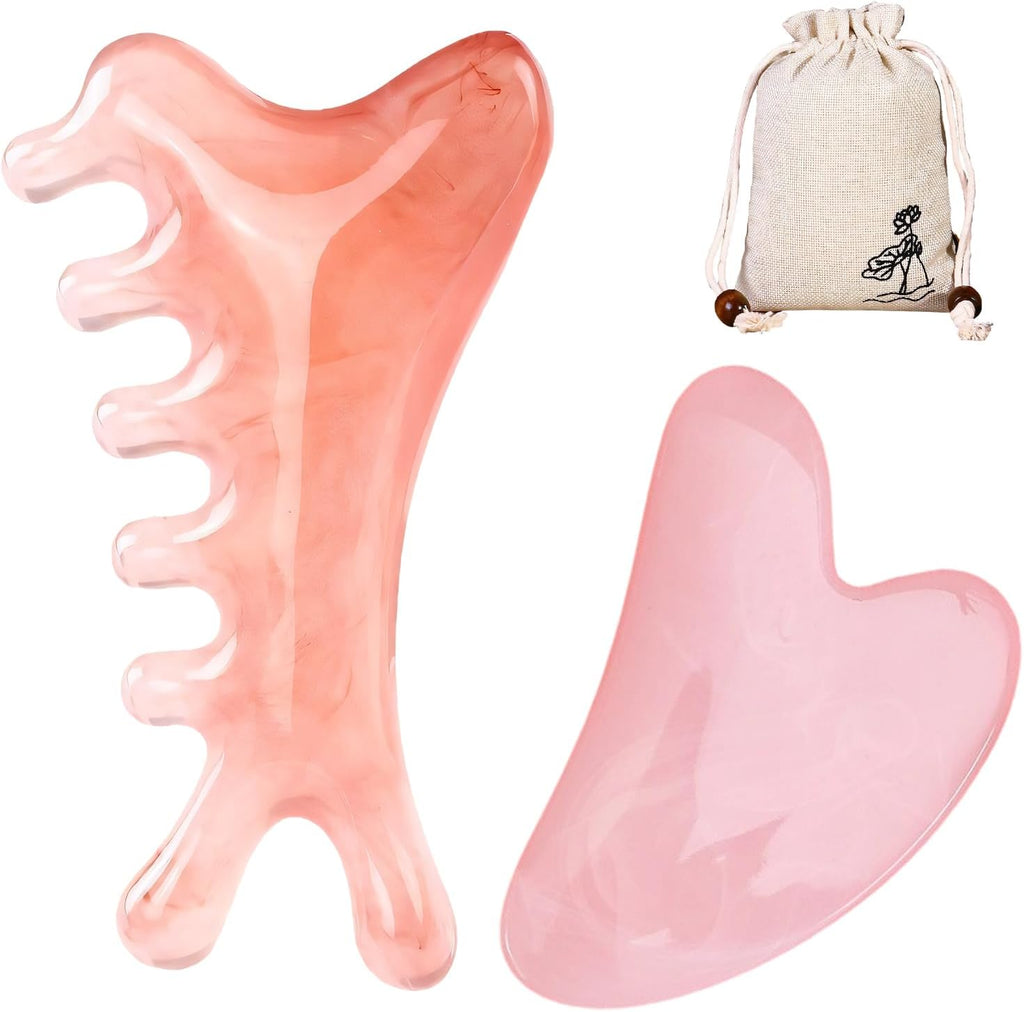 Gua Sha Set 3-teilig Gesichtsmassage Schaber Kamm fuer Augen Kiefer Kopf Pink