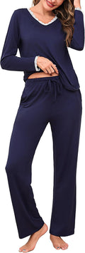 Litherday Damen Schlafanzug lang Baumwolle Winter Pyjama Set mit Tasche S-XXL