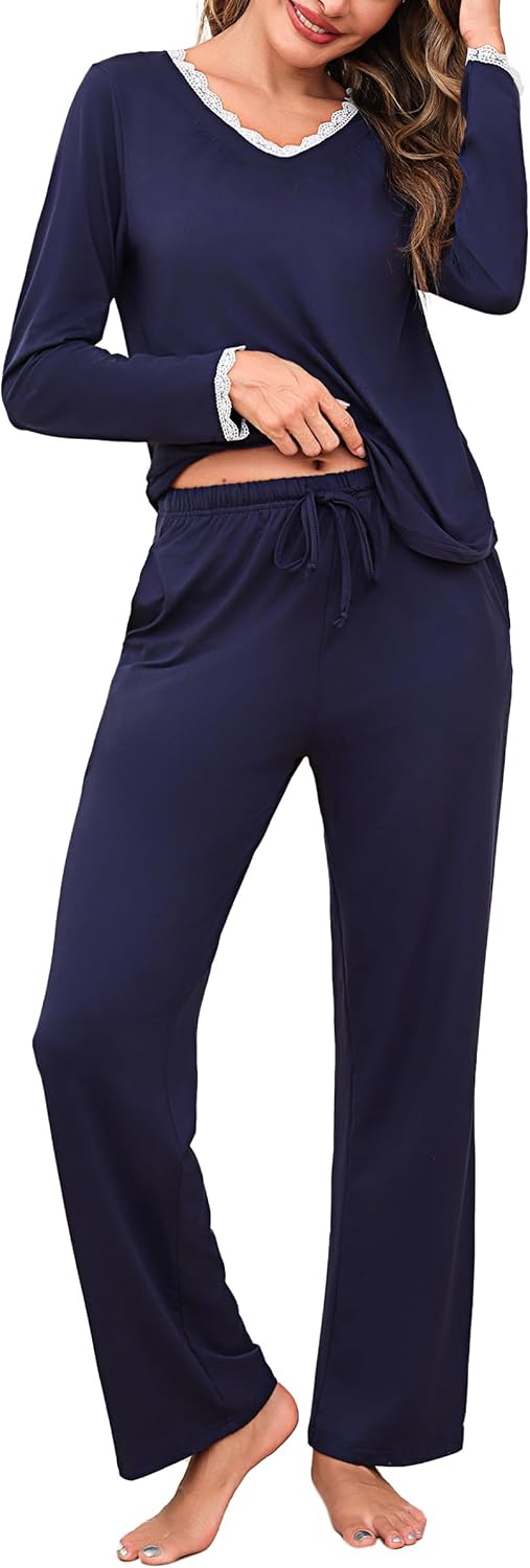 Litherday Damen Schlafanzug lang Baumwolle Winter Pyjama Set mit Tasche S-XXL