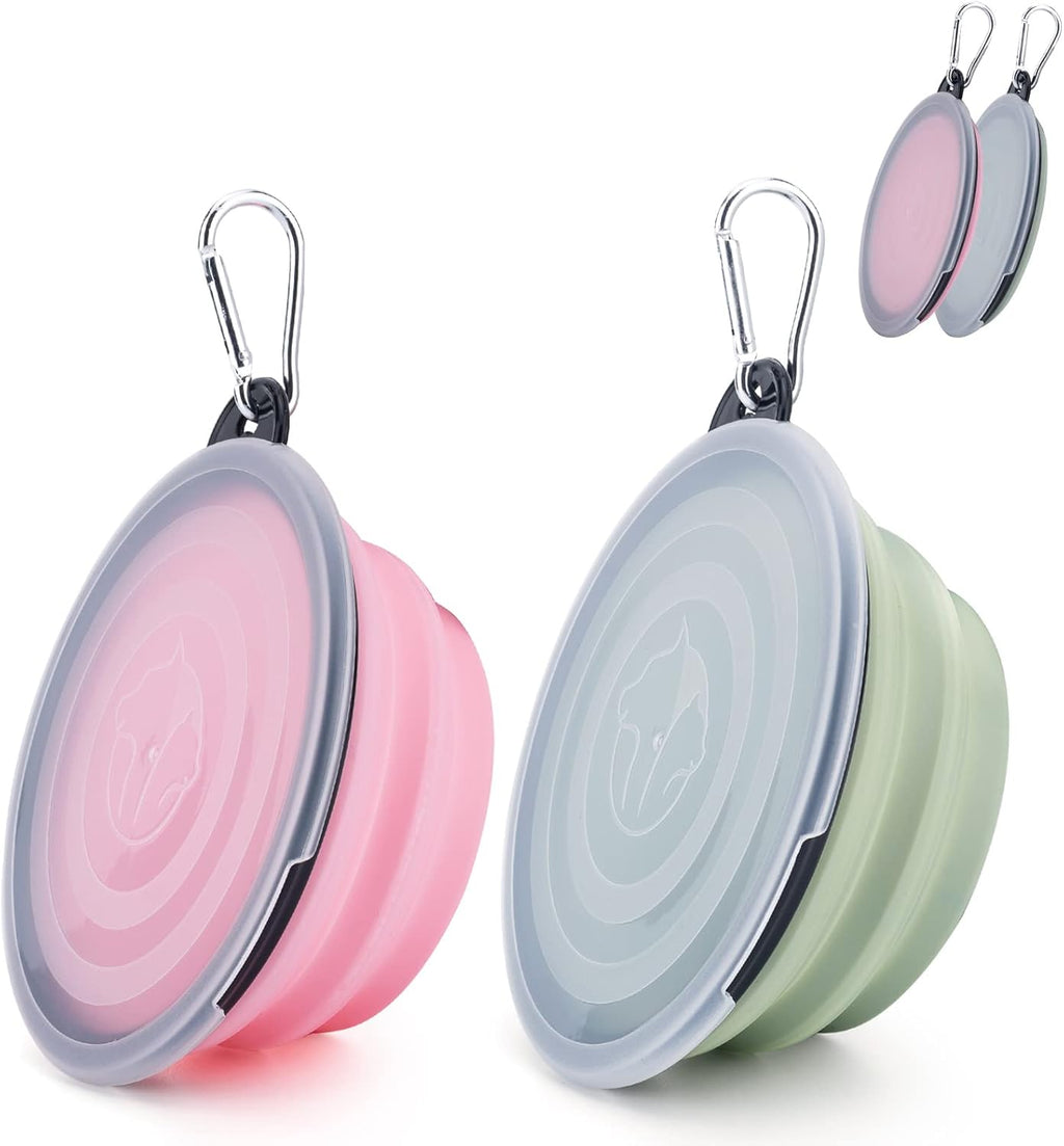 2x faltbare Silikon Hundenaepfe mit Deckel und Haken, blau & rosa, klein