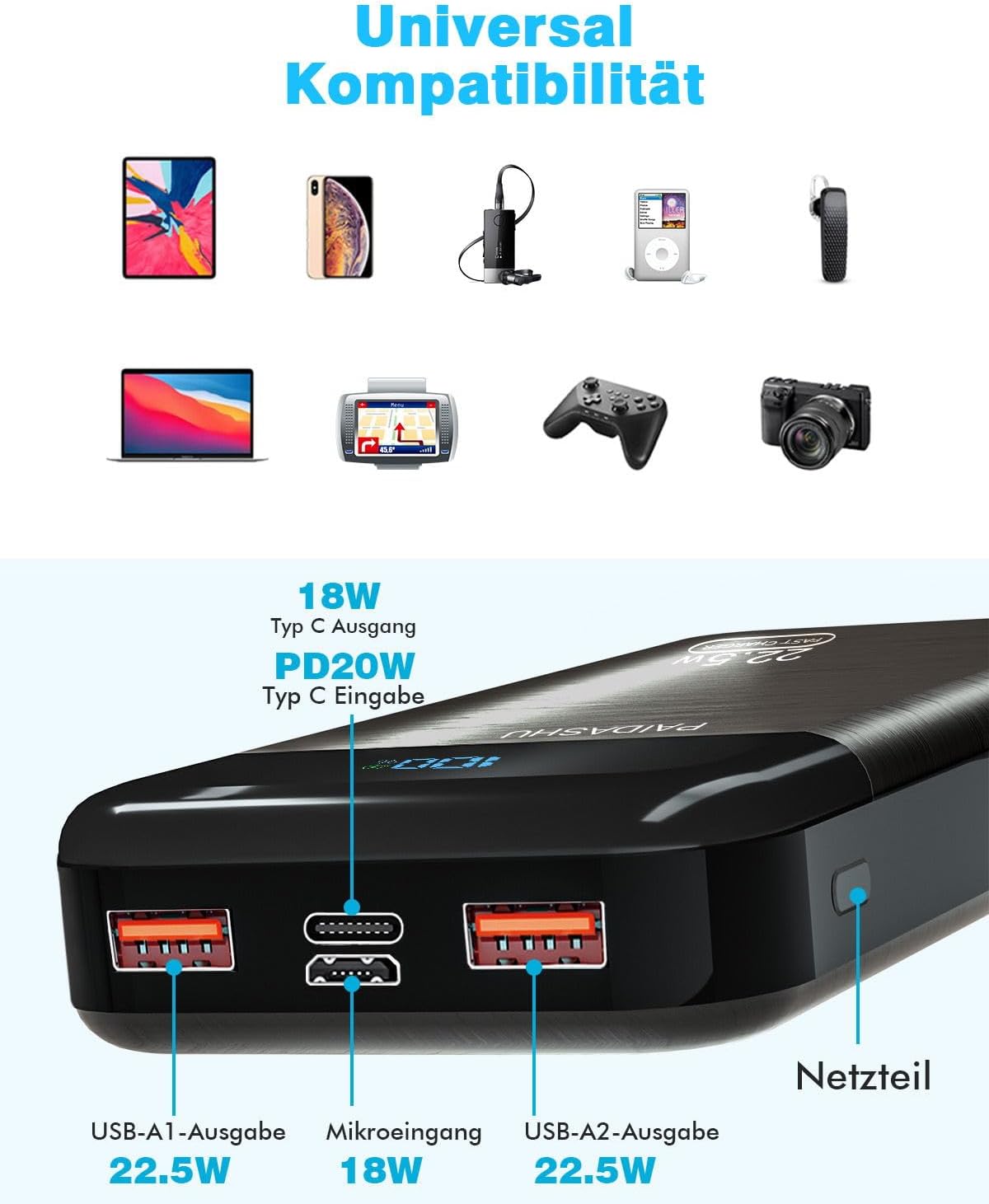 Powerbank 27000 mAh 22,5W USB-C + 2x USB-A LCD Display Externer Akku