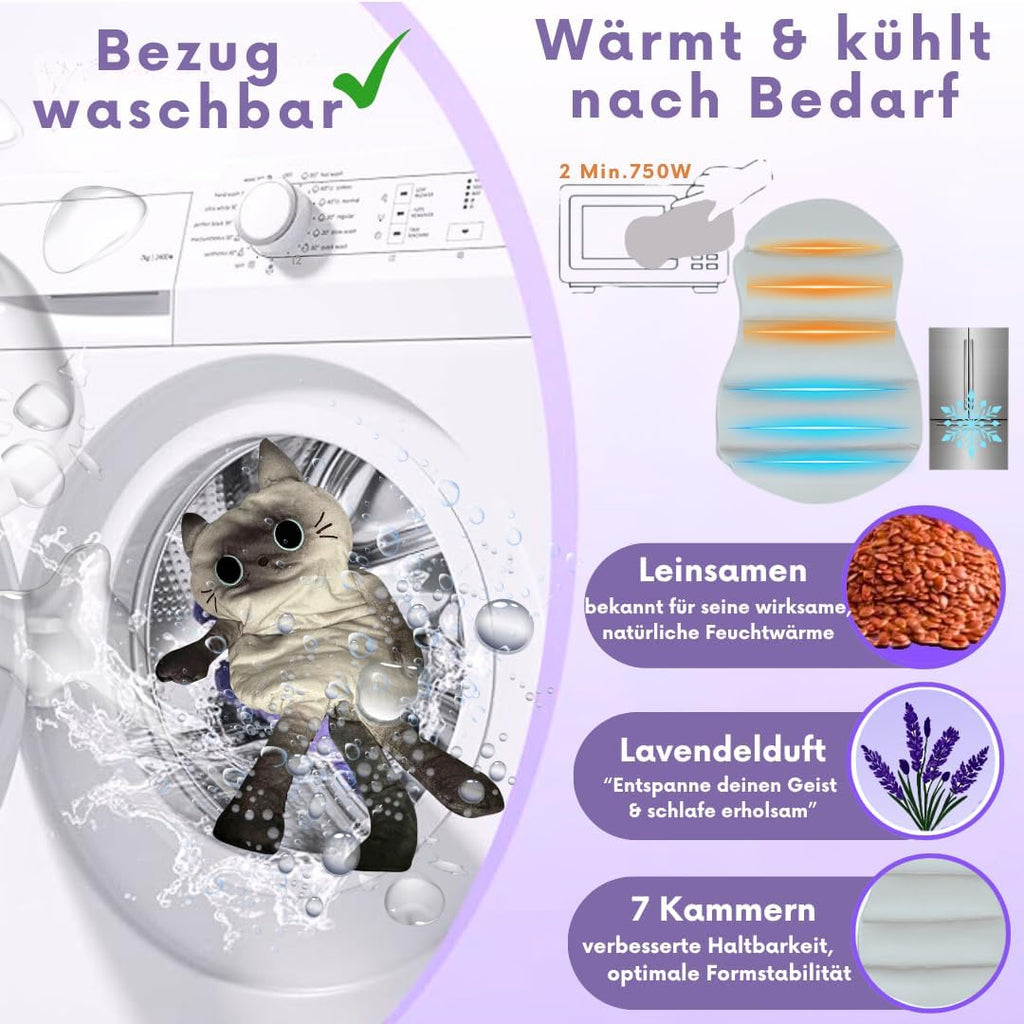 Koernerkissen Katze mit waschbarem Bezug - Waerme- und Kaeltekissen fuer Verspannung