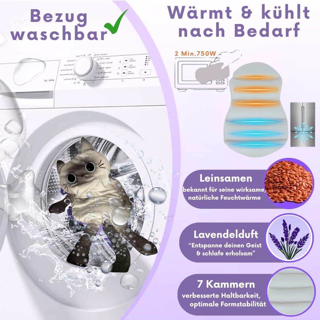Koernerkissen Katze mit waschbarem Bezug - Waerme- und Kaeltekissen fuer Verspannung