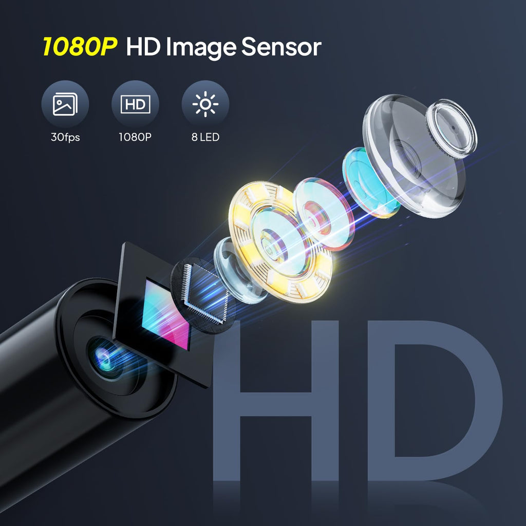 QIMIC Endoskopkamera 1080P mit 2,4" IPS Bildschirm 8 LEDs 2x Zoom 5m-15m