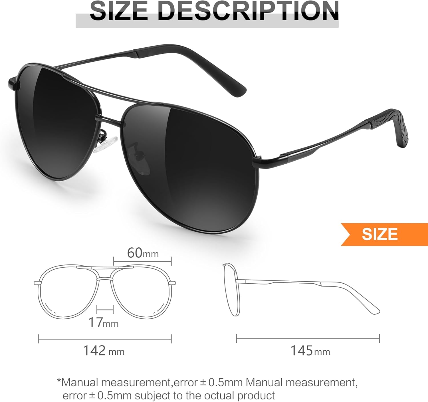 Polarisierte Sonnenbrille Unisex UV400 Fliegerstil ultraleicht schwarz