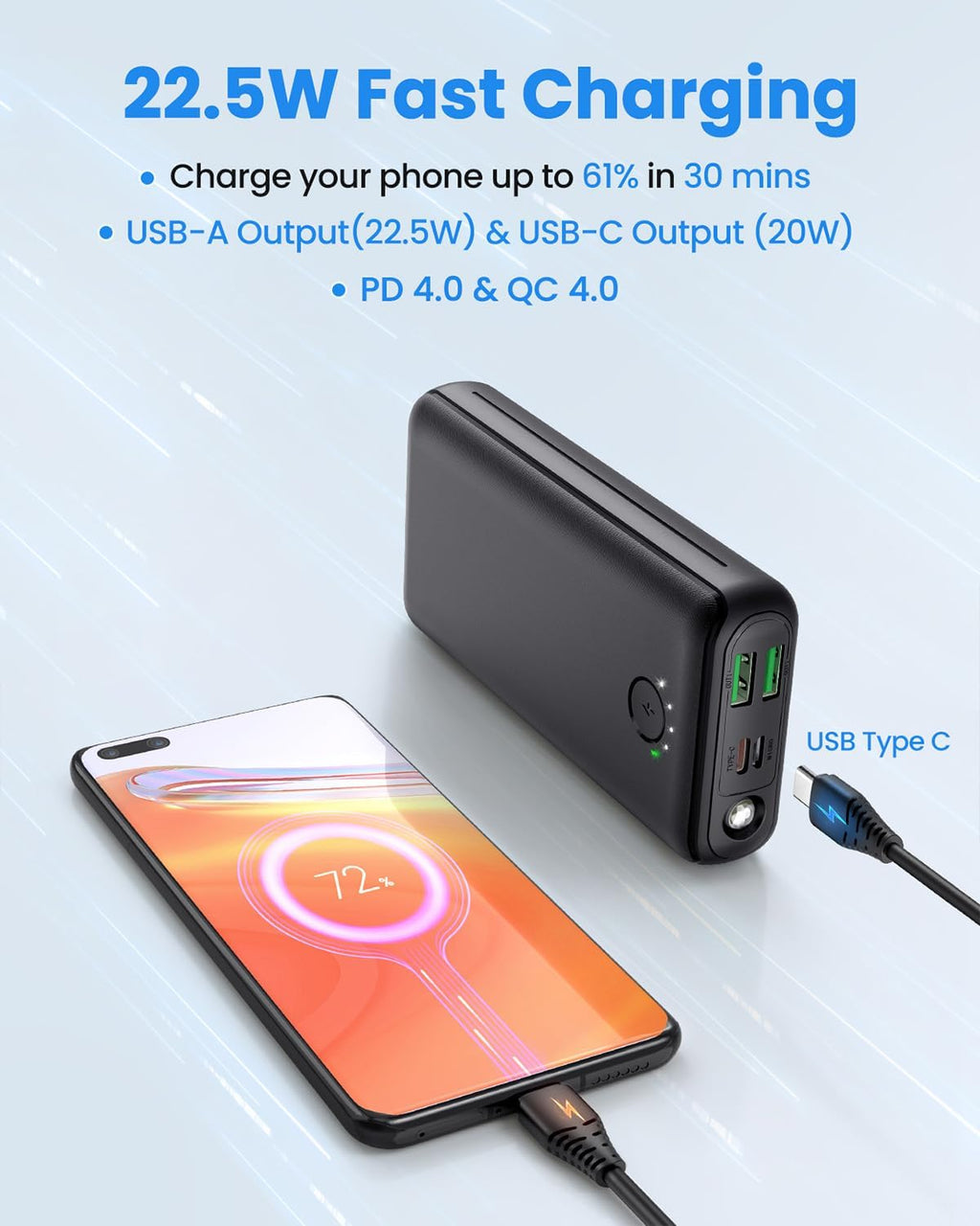 Powerbank 27000 mAh 22,5 W Power Delivery PD Schnellladung mit Taschenlampe