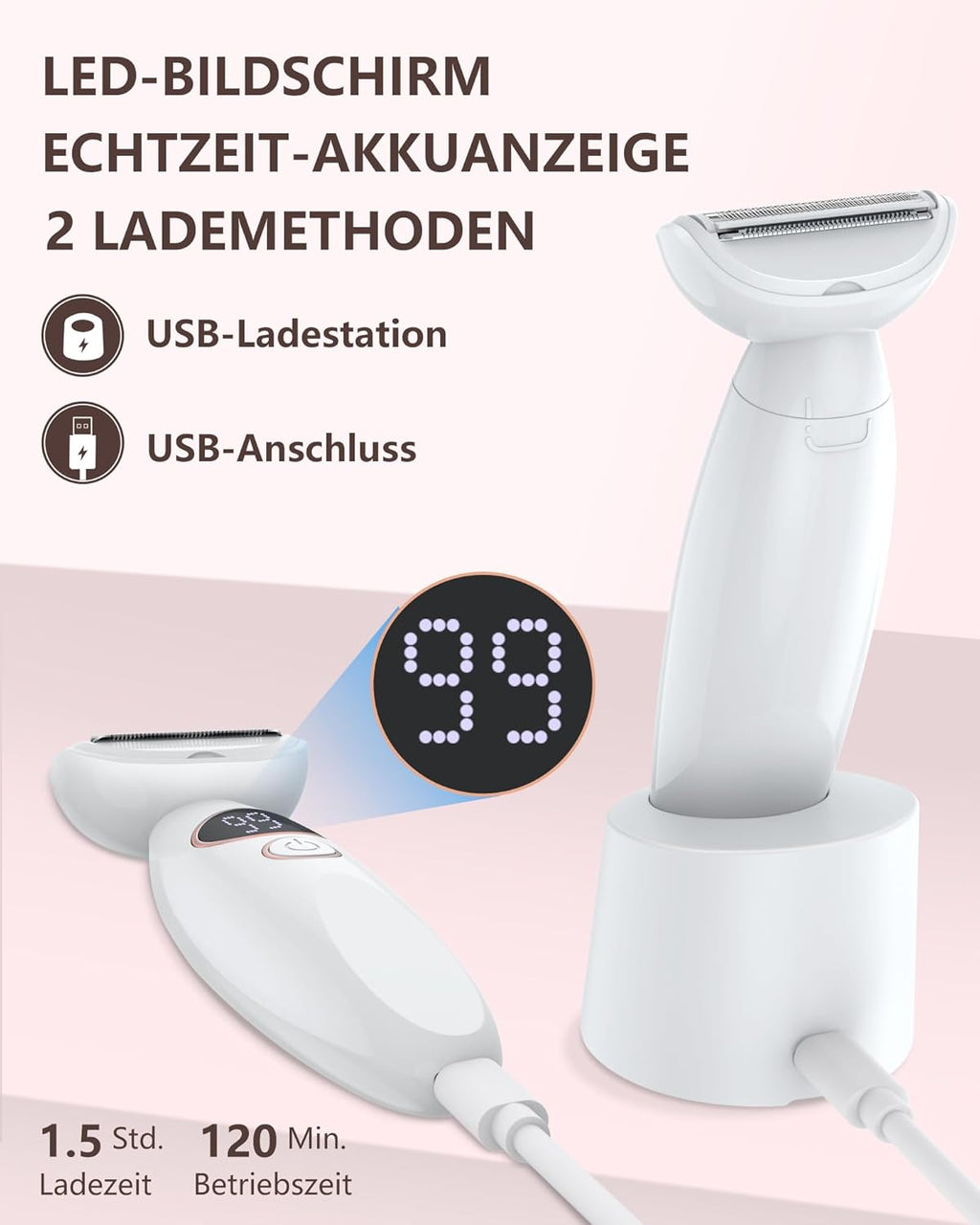 Elektrischer Damenrasierer 3in1 Trimmer wasserdicht Akku NassTrocken