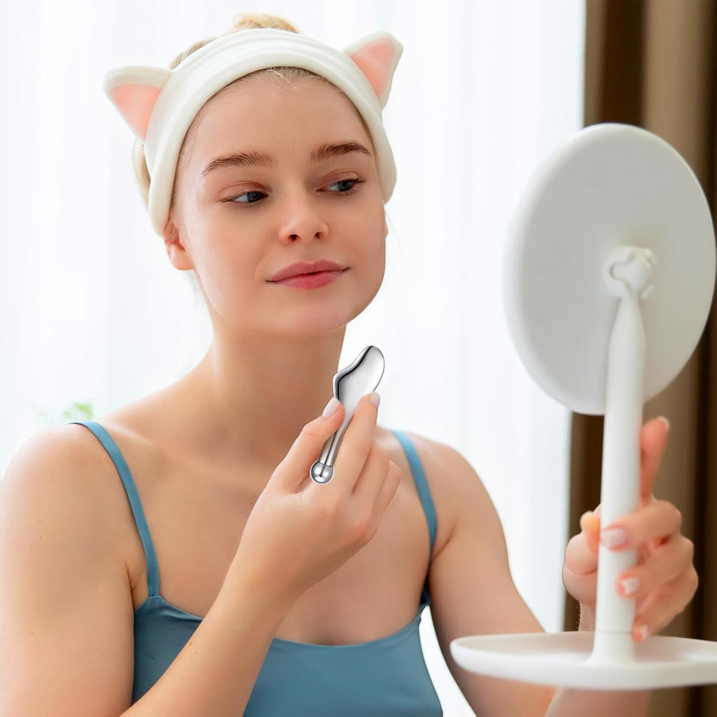 Edelstahl Gua Sha 2‑in‑1 Gesichtsschaber mit Augenroller Massagegeraet