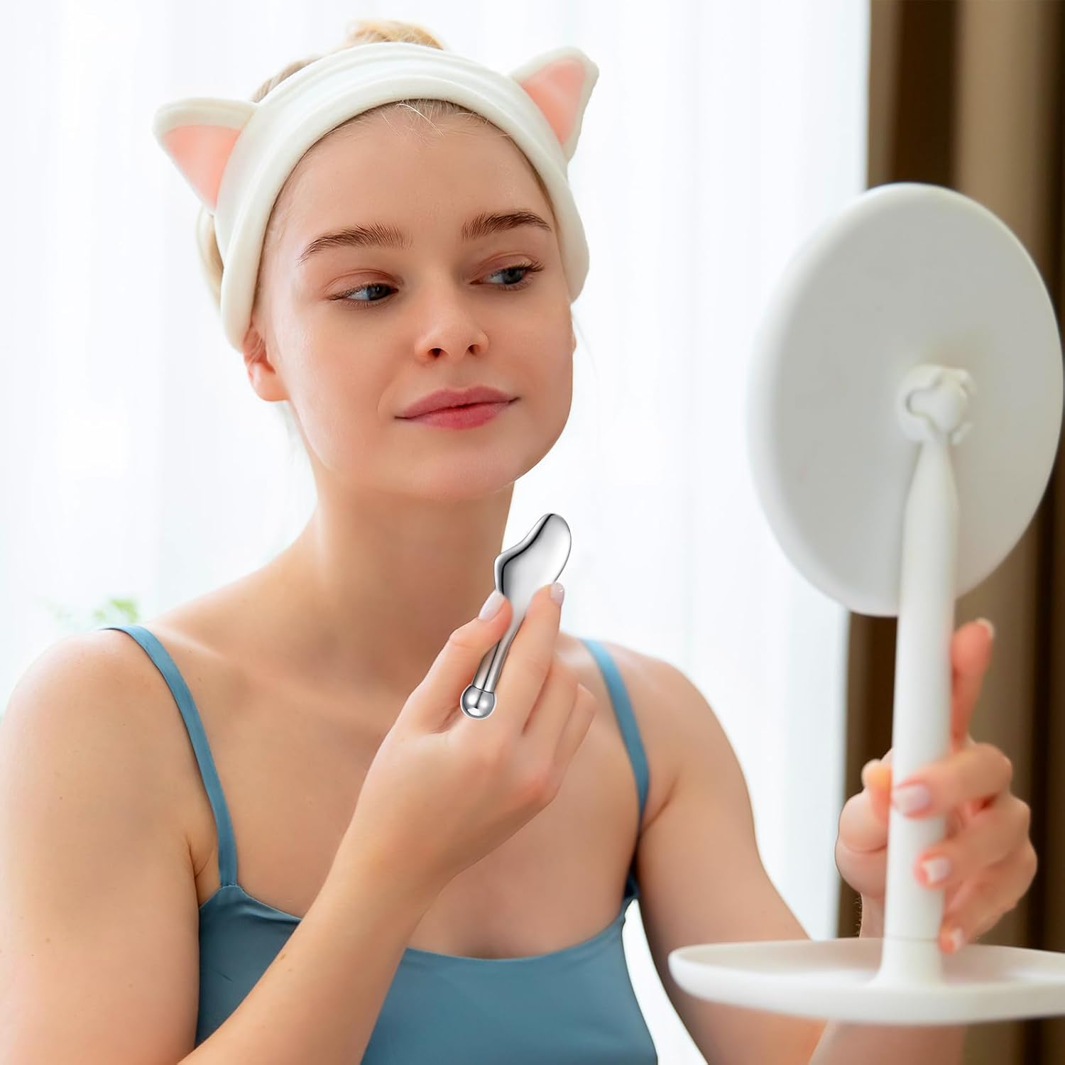 Edelstahl Gua Sha 2‑in‑1 Gesichtsschaber mit Augenroller Massagegeraet