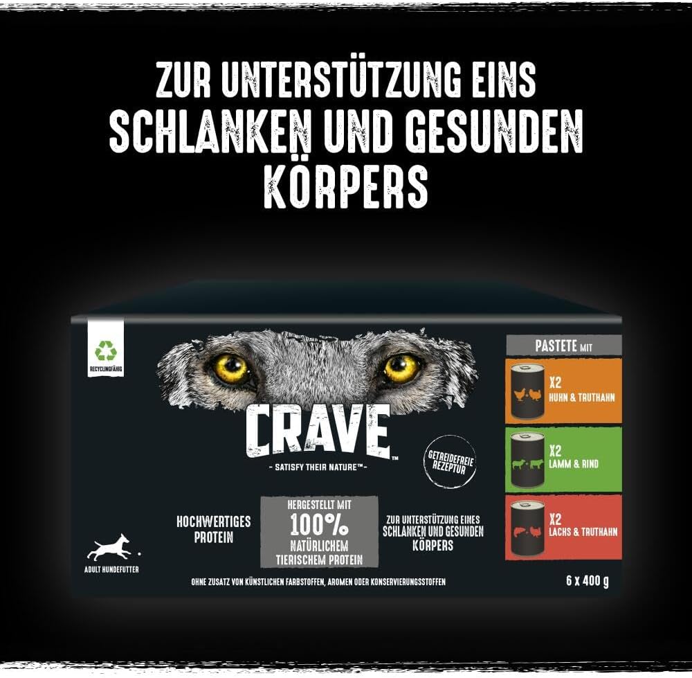 Hundefutter nass CRAVE 6x400g ohne Getreide 3 Sorten 100% natürliches Protein