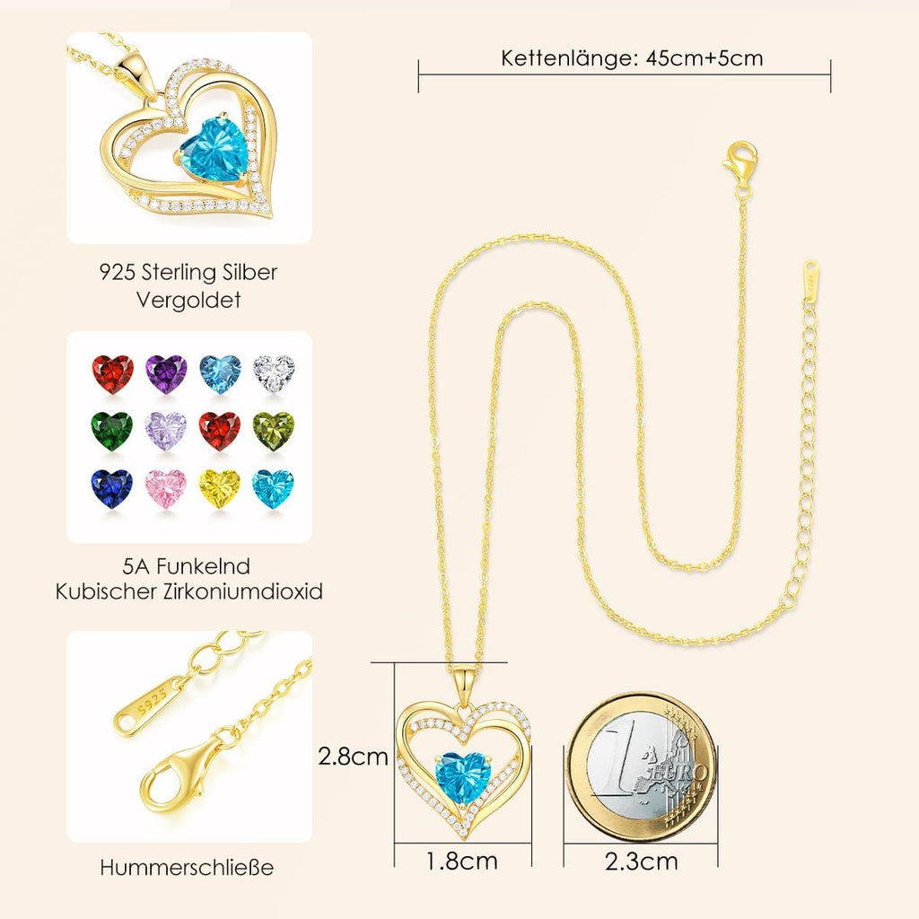 Damen Herzkette 925 Sterling Silber verschiedene Farben Geburtsstein Anhaenger