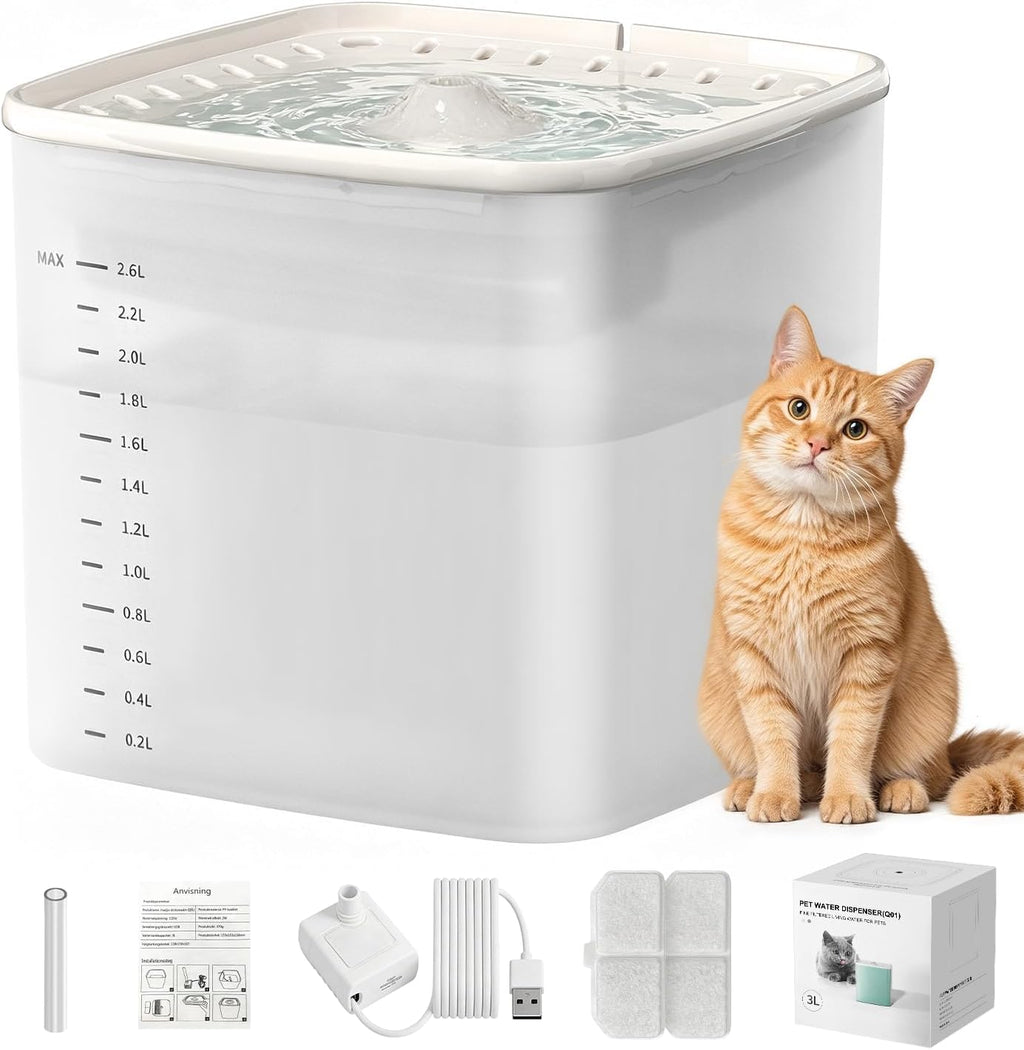 Katzen Trinkbrunnen 3L mit leisem Pumpenmotor transparentem Tank und 2 Filtern