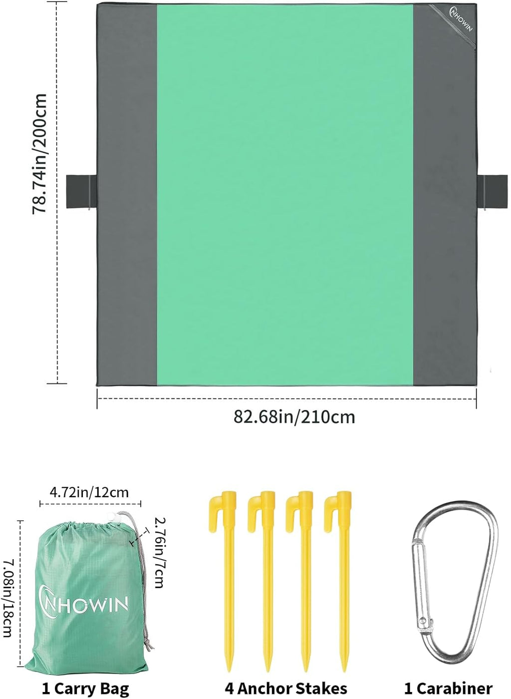 Stranddecke sandfrei 210x200 cm wasserdicht ultraleicht mit 3 Reissverschlusstasc