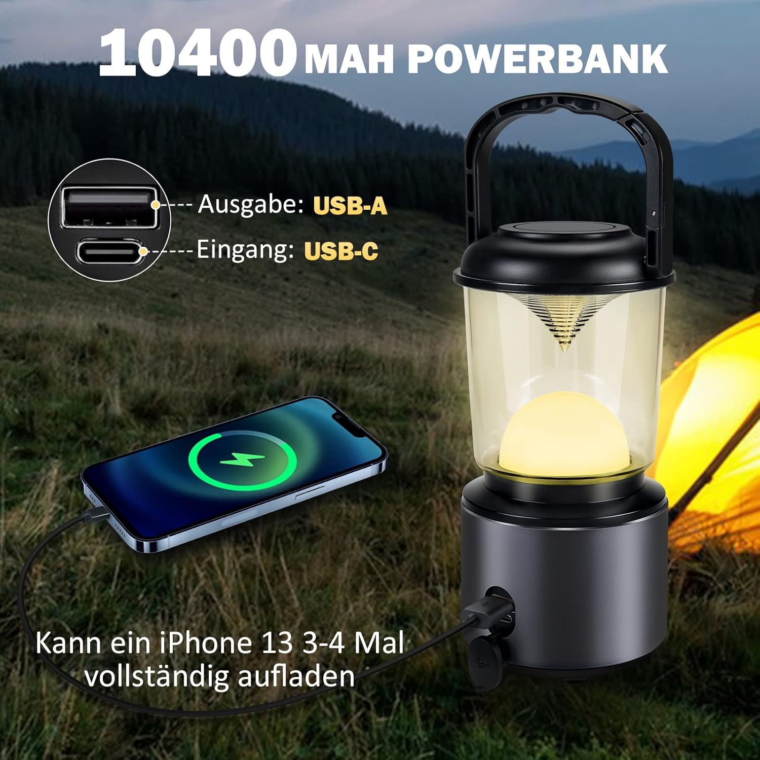Yonktoo Campinglampe USB‑C 10400 mAh LED mit rotem Licht, LCD, IPX5
