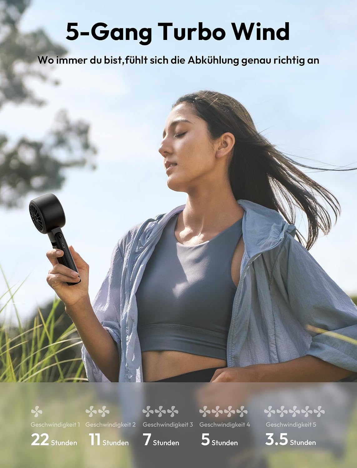 Aecooly Mini Handventilator 5000mAh Akku klappbar 22h 5 Stufen LED-Display schwa