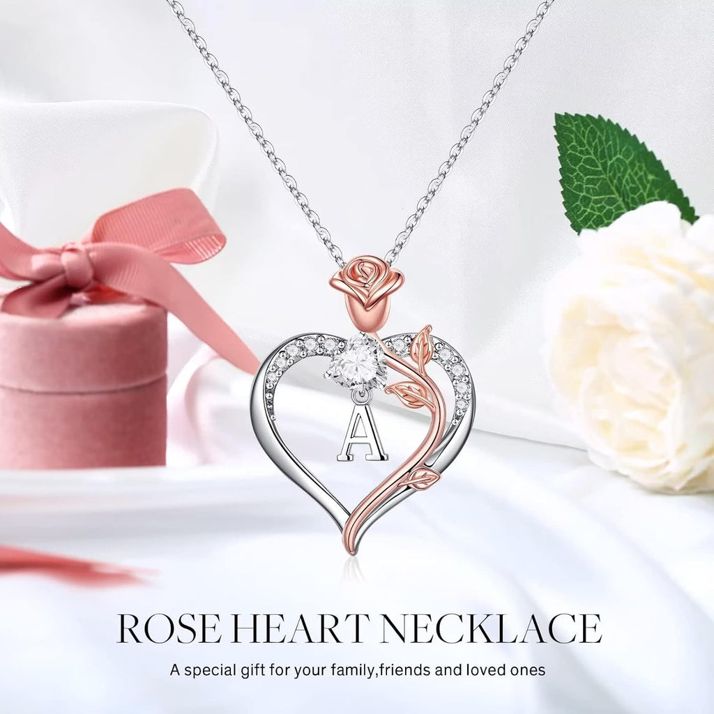 TINGN Rosen-Herz Halskette 14K Weissgold mit Zirkonia und Gravur Initialen