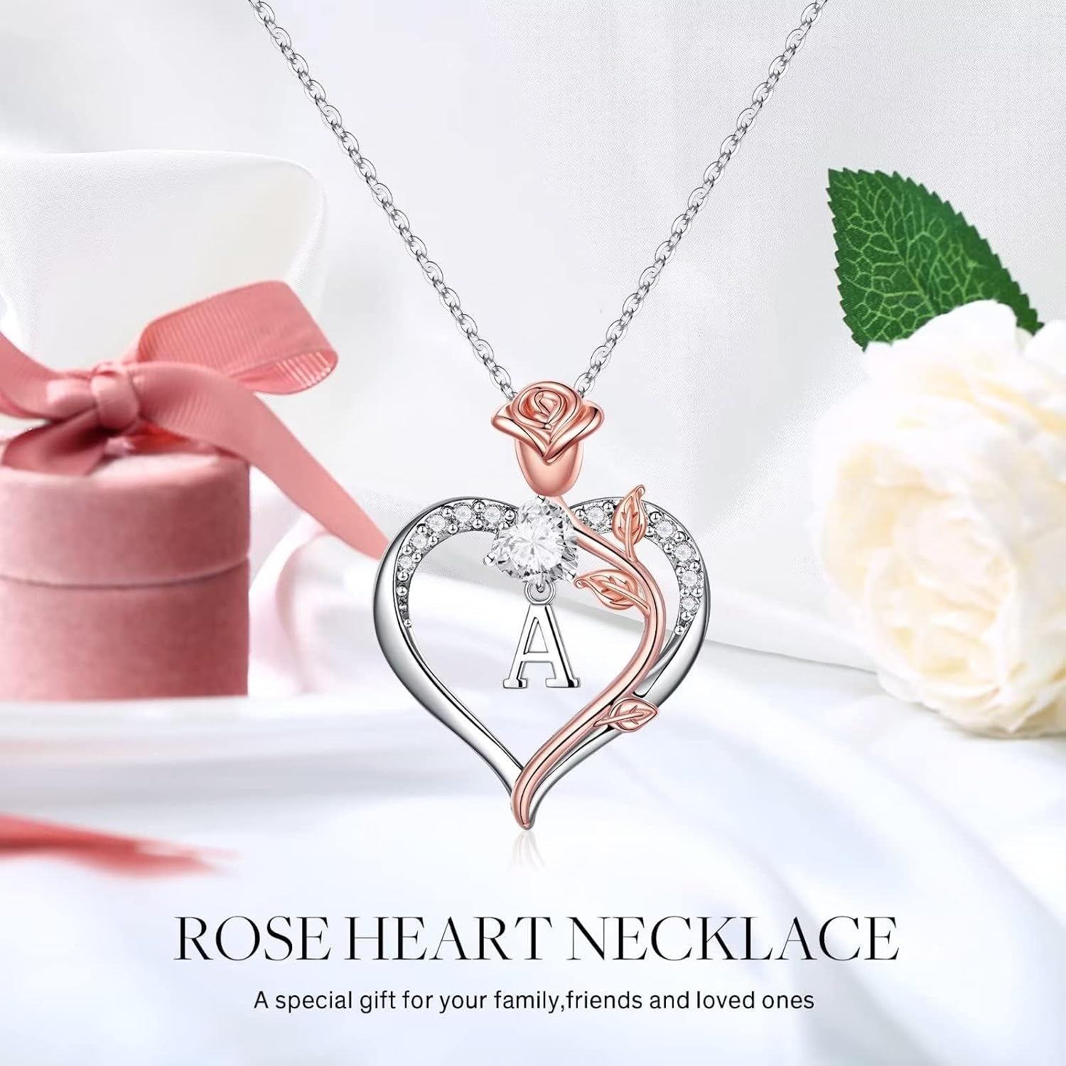 TINGN Rosen-Herz Halskette 14K Weissgold mit Zirkonia und Gravur Initialen