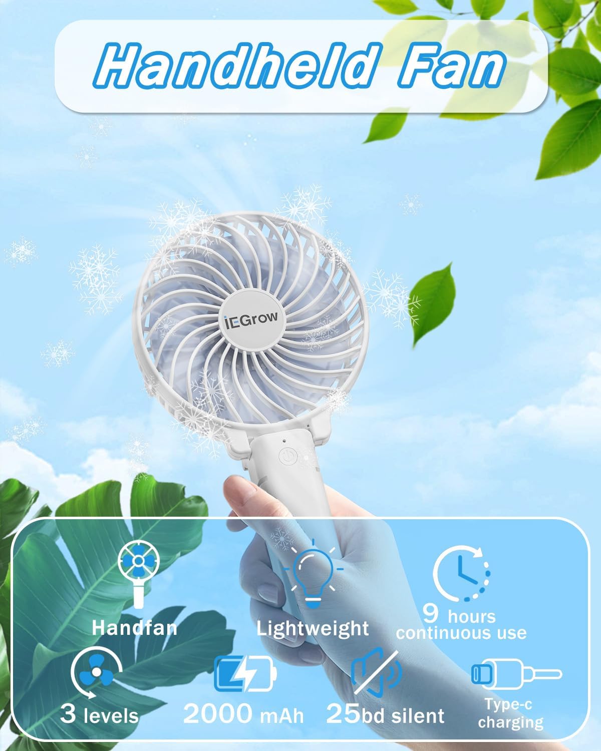 iEGrow tragbarer USB Handventilator wiederaufladbar 3 Geschwindigkeiten Schwarz