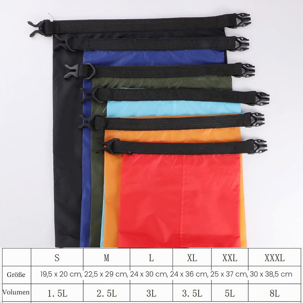 kuou 6er Set wasserdichte Packsaecke 1,5/2,5/3/3,5/5/8 L Multifarbe