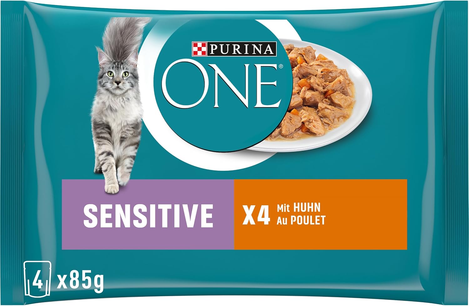 Purina ONE Sensitive Katzenfutter nass Huhn 26 x zarte Stueckchen in Sauce 85