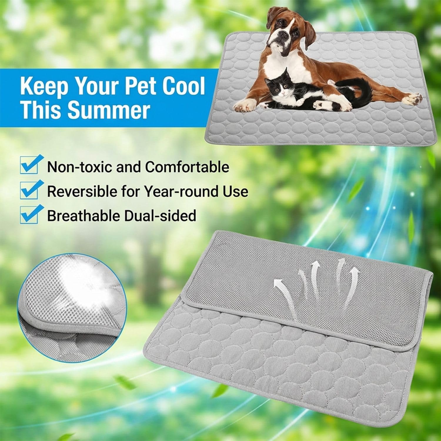 Kuehlmatte fuer Hunde und Katzen 100x70 cm, selbstkuehlend, waschbar, Reise/Auto