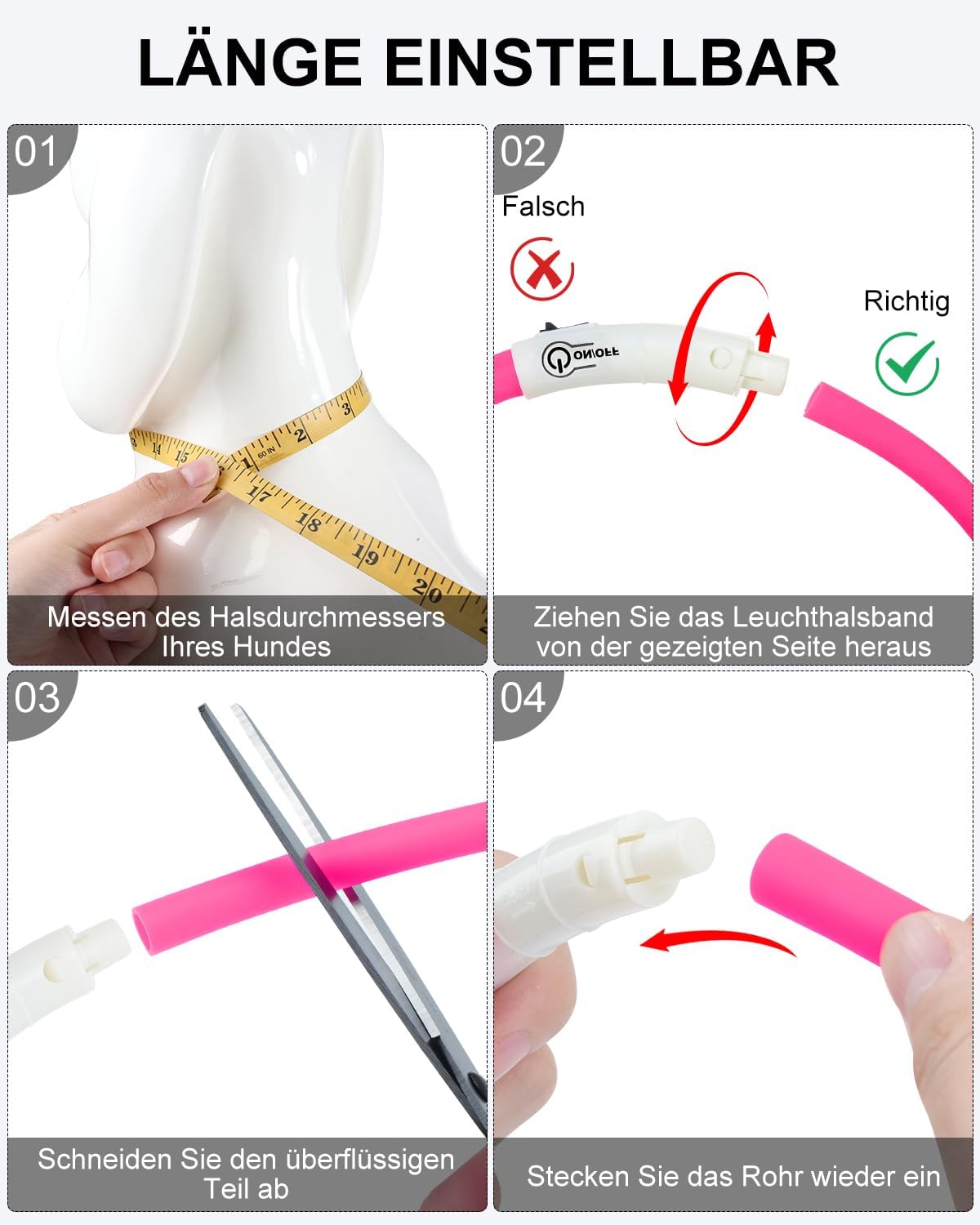 Joytale LED Leuchthalsband USB aufladbar Rosa - 3 Modi fuer kleine bis grosse Hund