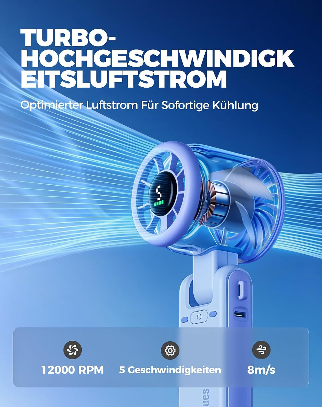 Diveblues Tragbarer Turbo Handventilator 9m/s 5 Stufen Akku 3‑in‑1 Hals Tisch