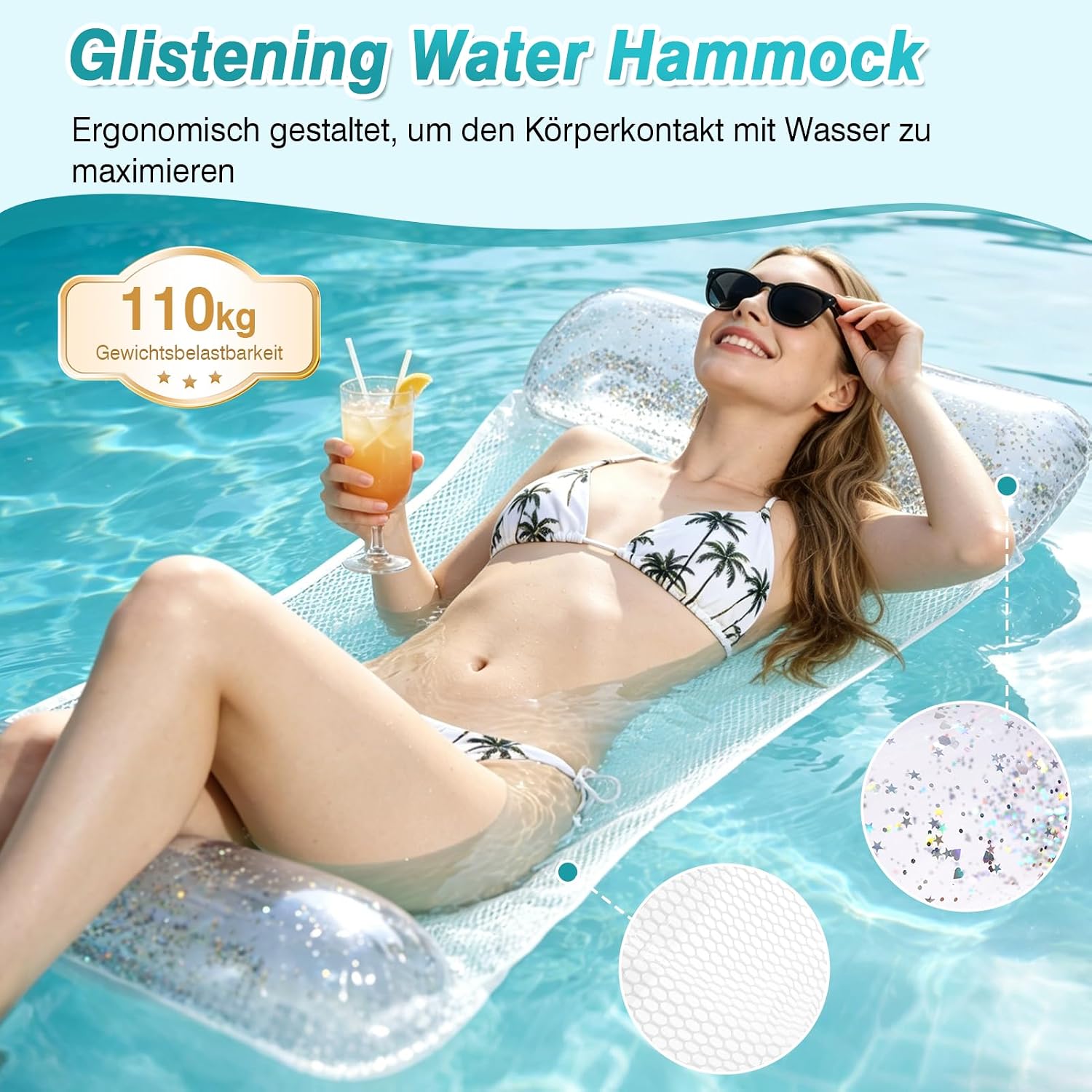 CYFIE Wasserhaengematte 4in1 aufblasbar mit Netz und Luftpumpe, 2er Set