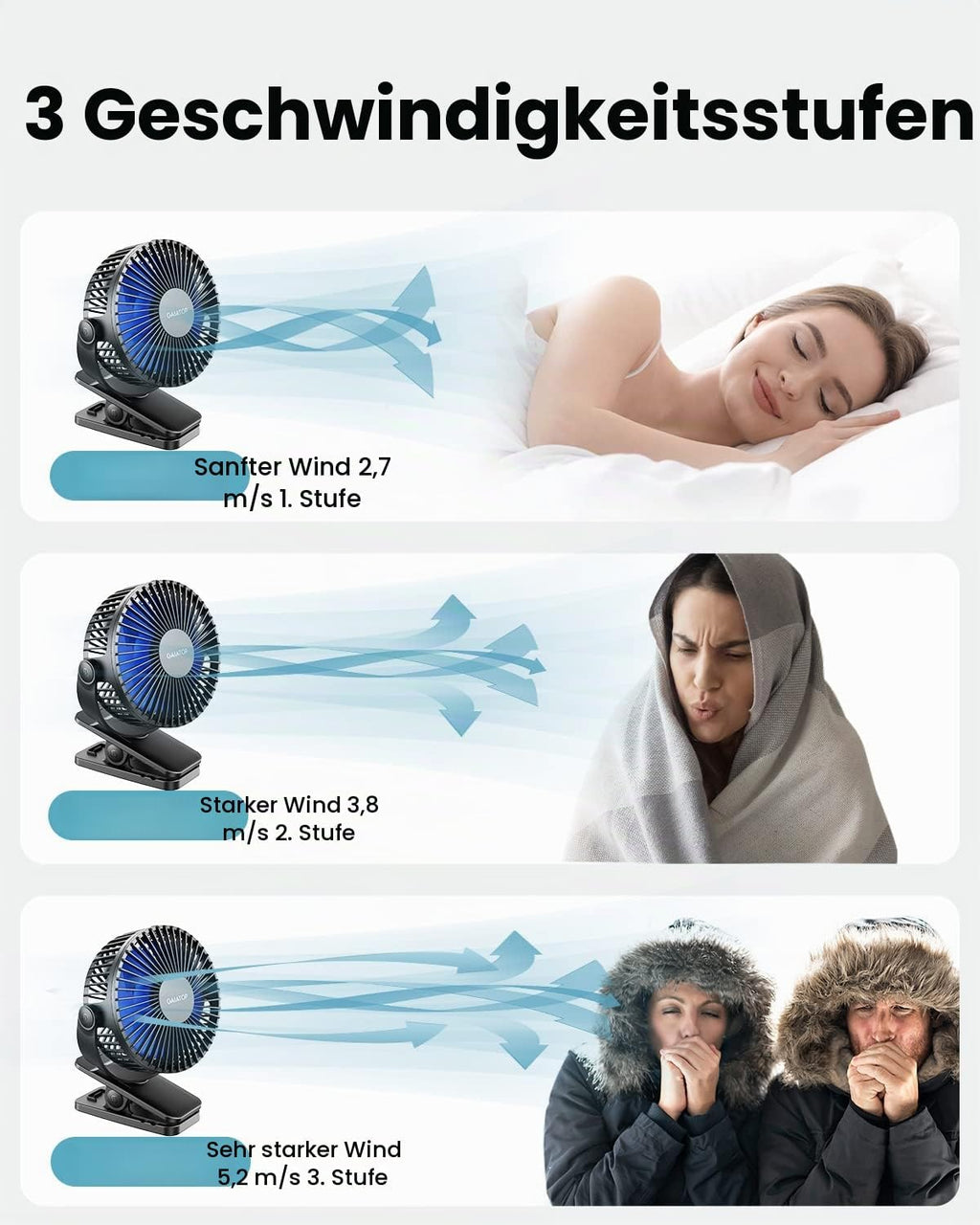 Gaiatop Mini USB-Tischventilator, Clip, Akku, 3 Geschwindigkeiten, Schwarz