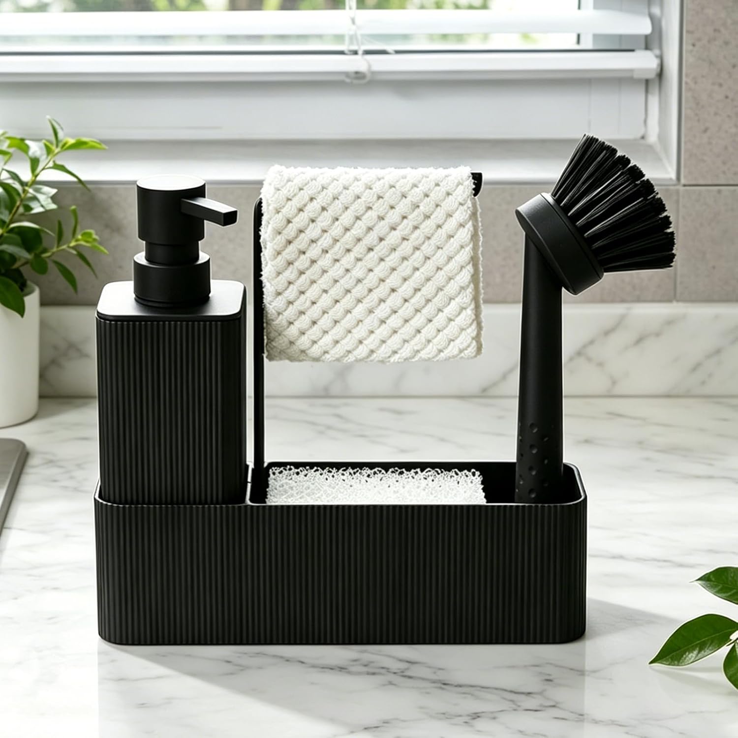 Spuelmittelspender mit Schwammhalter Schwarz Set fuer Kueche Waschbecken