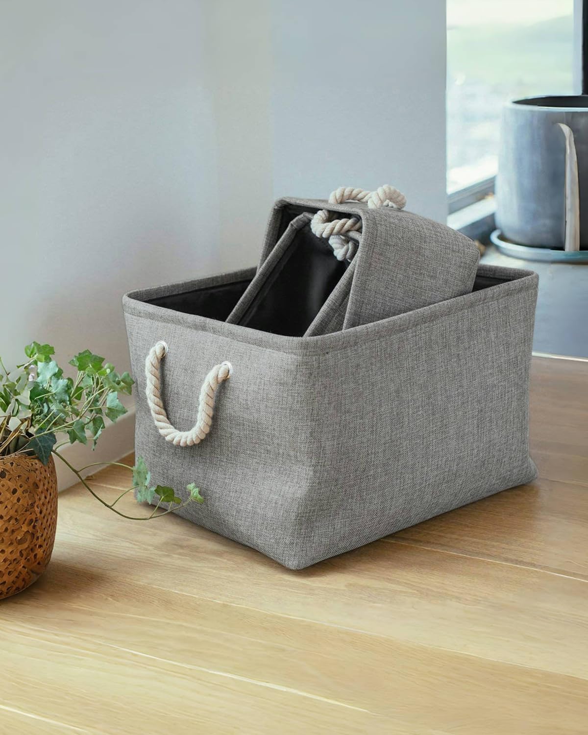 Aufbewahrungsbox Leinen mit Seilgriffen, waschbar, Grau, S-XXL