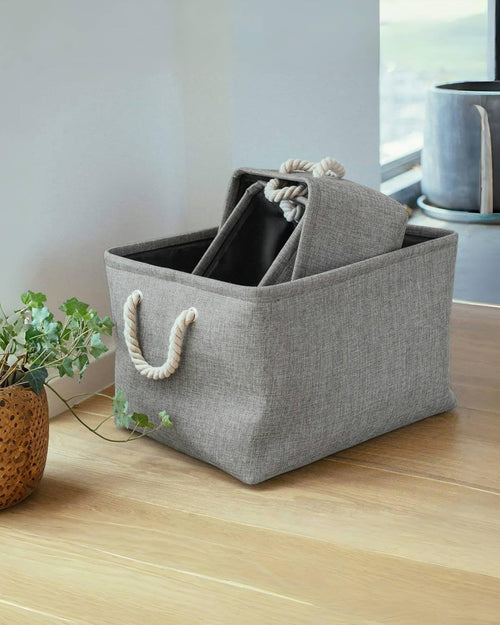 Aufbewahrungsbox Leinen mit Seilgriffen, waschbar, Grau, S-XXL