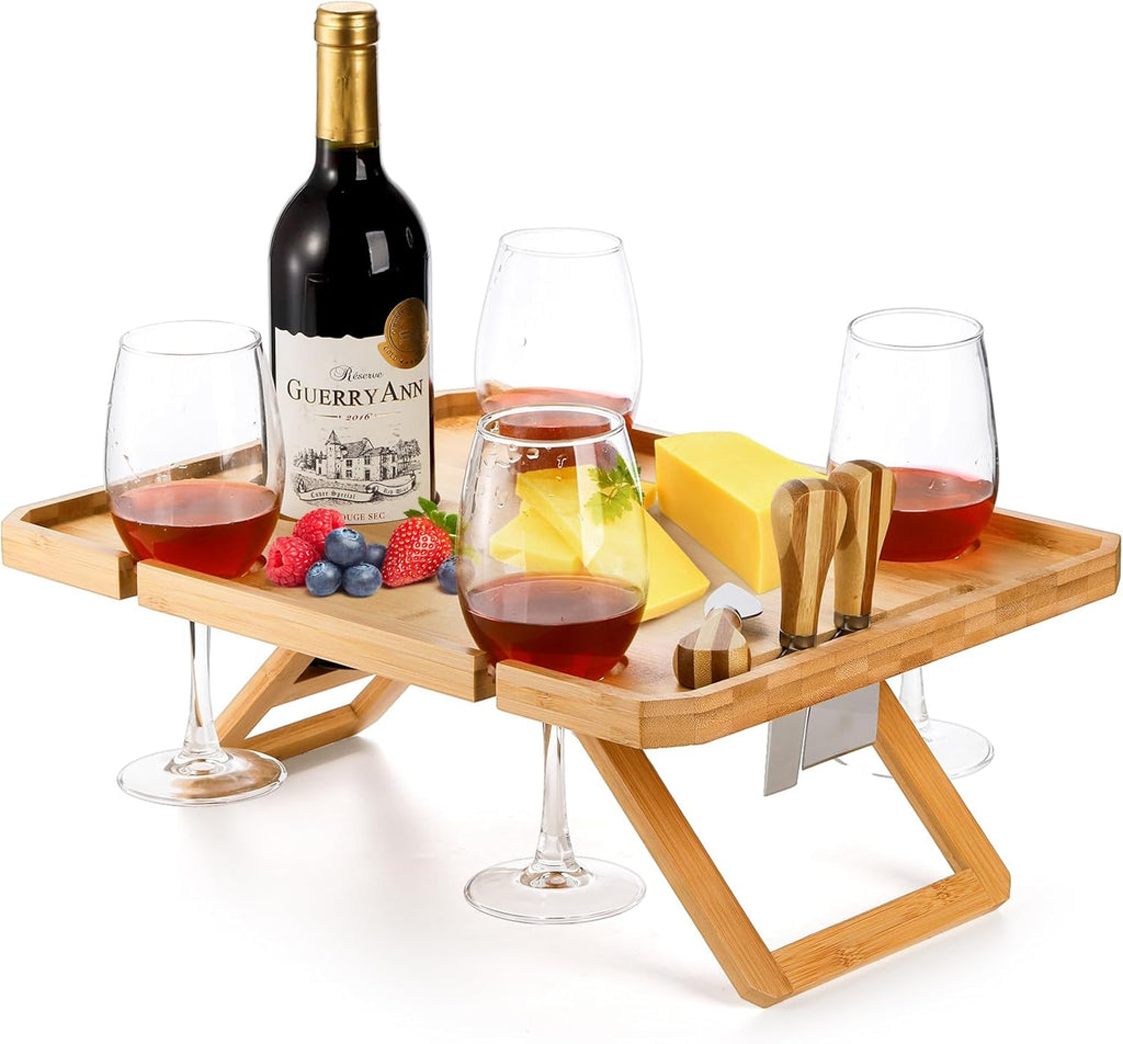 Kingrol Bambus Picknicktisch klappbar mit Flaschenhalter, Glas- und Besteckfach