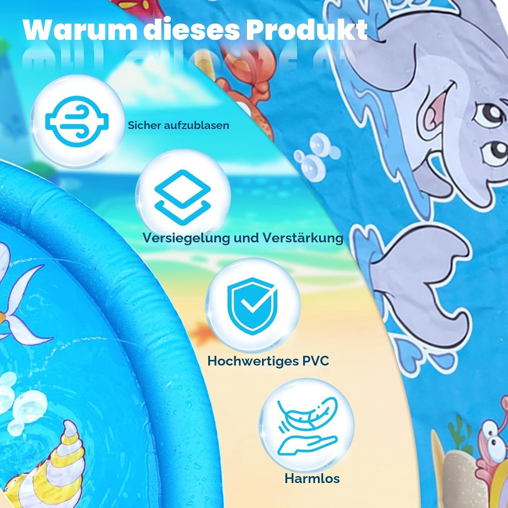 Wassersprinkler Matte 100 cm Splash Pad fuer Kinder 3-12 Jahre Blau