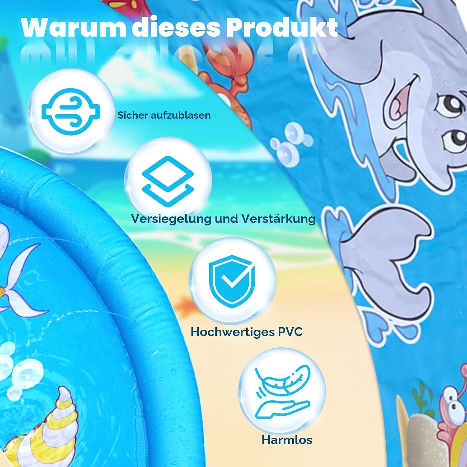 Wassersprinkler Matte 100 cm Splash Pad fuer Kinder 3-12 Jahre Blau