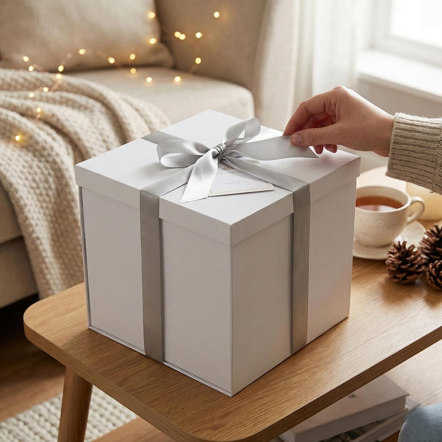 Tekhoho Geschenkbox Weiss 22x22x20,5 cm mit kariertem Innenfutter