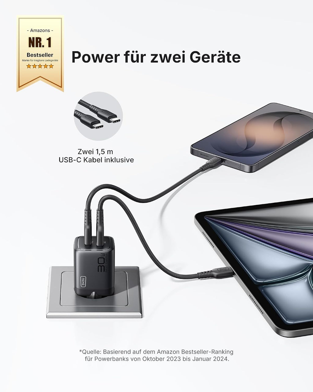 INIU 30W USB-C Netzteil 2er Set mit USB-C und USB-A Kabel, GaN Schnellladegeraet