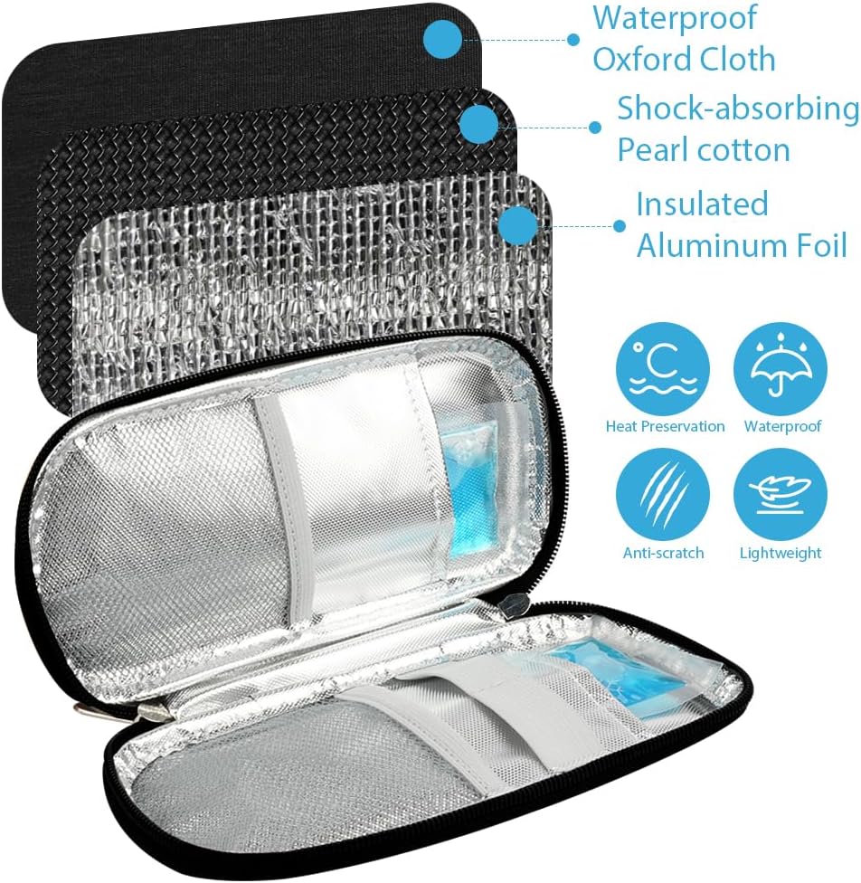 ACWOO Insulin Kuehltasche mit 2 Kuehlakkus, Tasche fuer Insulinpens Schwarz