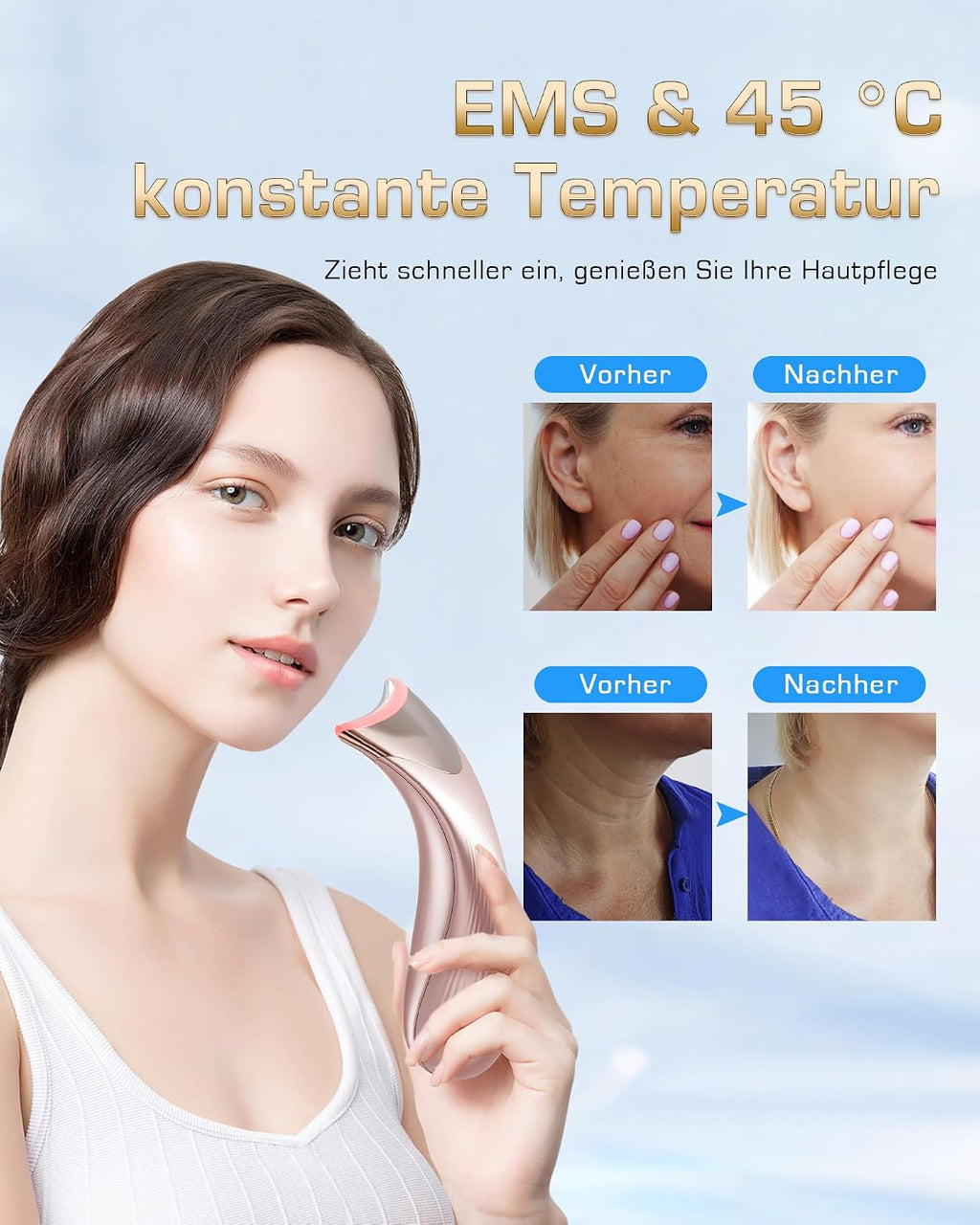 EMS Gesichtsmassagegeraet mit LED Lifting und Waerme 45°C Anti-Falten