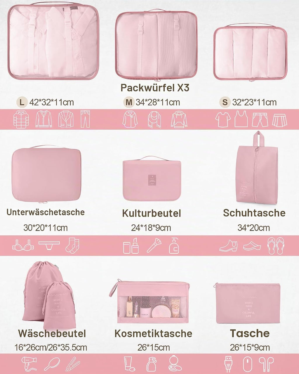 11‑teiliges Koffer Organizer Set Reise Packwuerfel mit Kulturbeutel