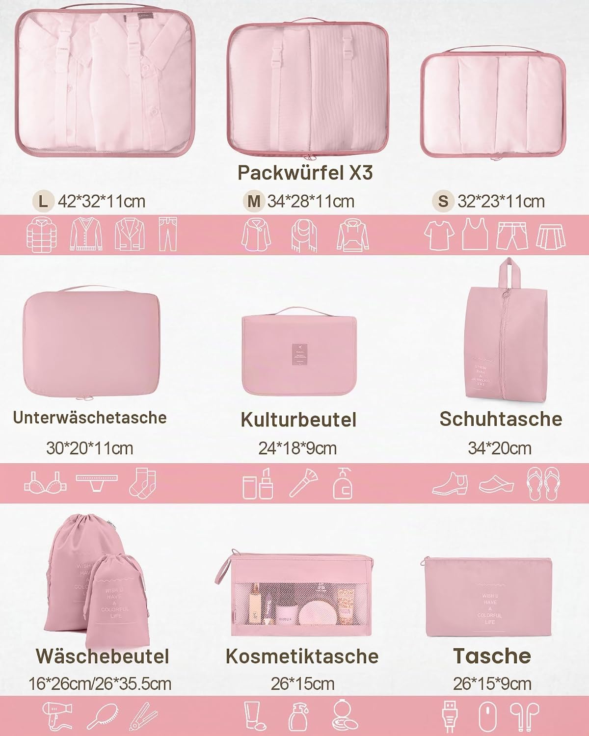 11‑teiliges Koffer Organizer Set Reise Packwuerfel mit Kulturbeutel