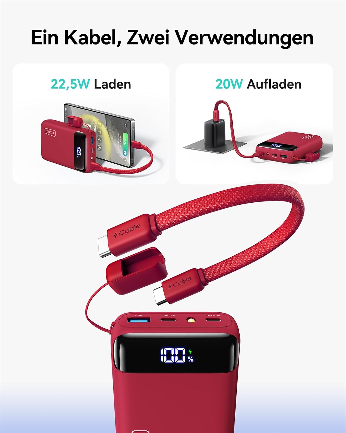 INIU Powerbank 20000 mAh 22.5W mit abnehmbarem USB‑C Kabel, flugtauglich