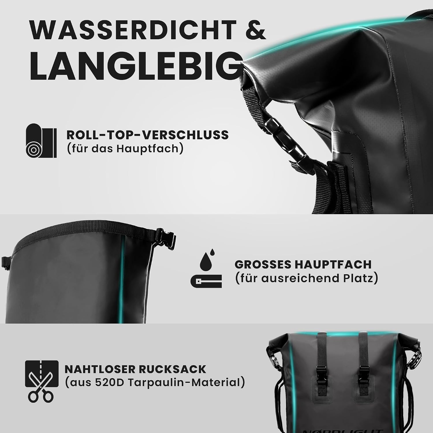 Nordlight Dry Bag wasserdichter Rolltop Rucksack gepolsterte Traeger
