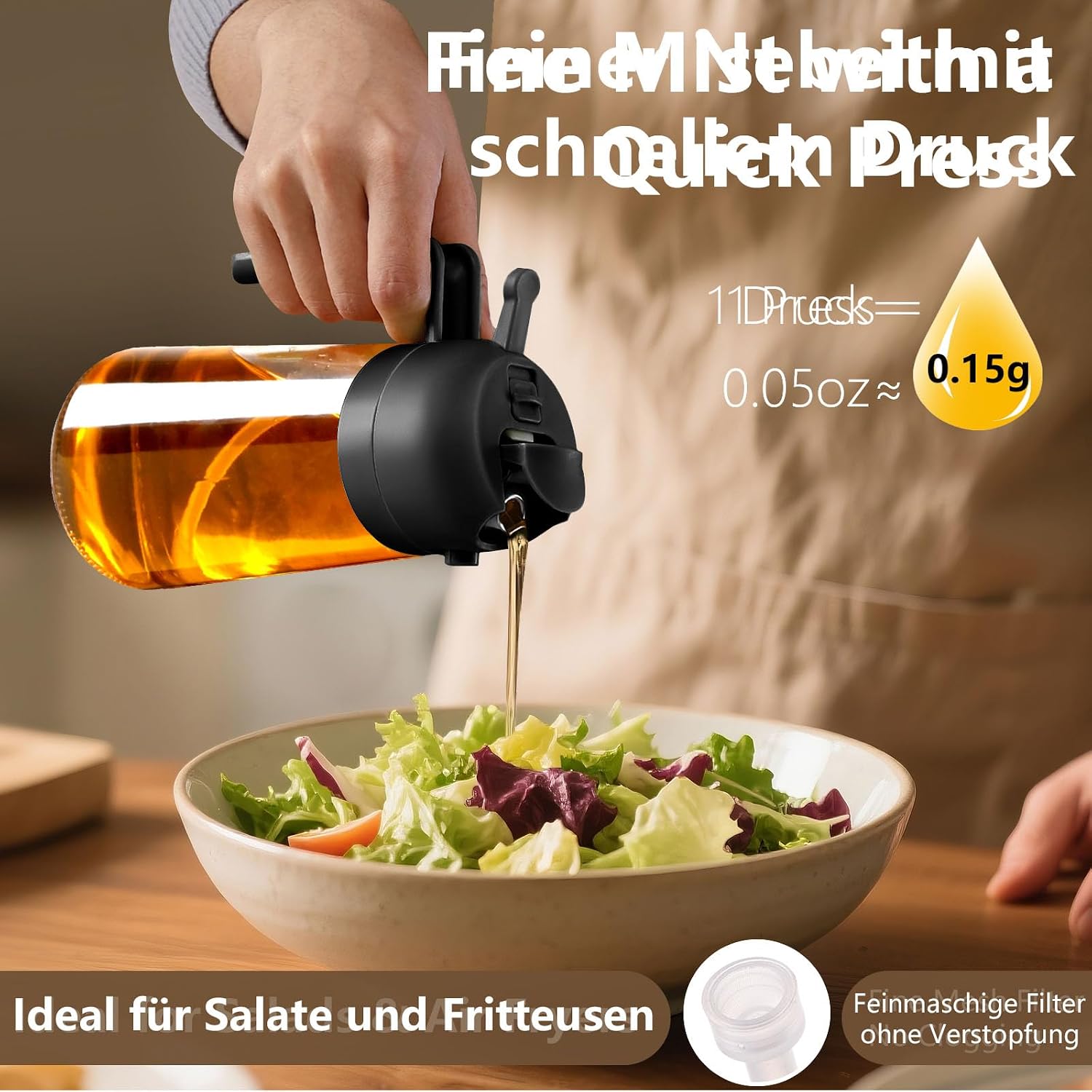 2in1 Oelsprueher Glas 470 ml schwarz fuer Kochen Grill Heissluftfritteuse