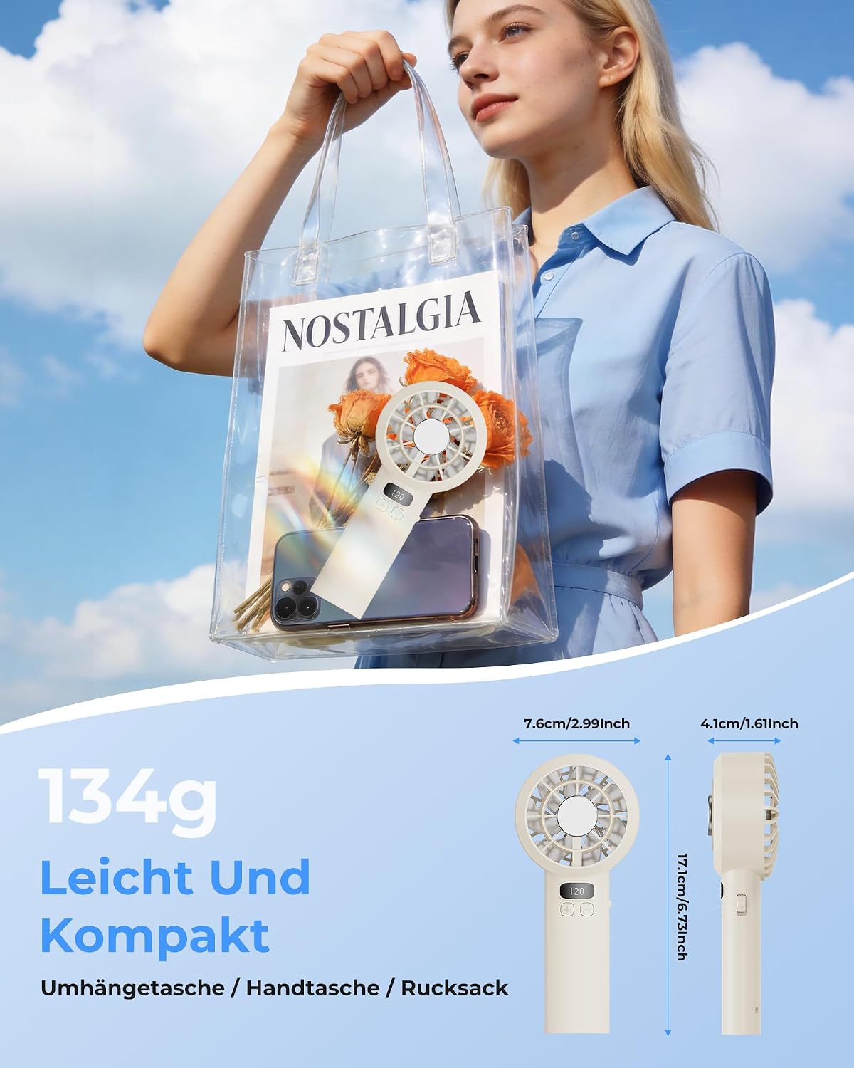 Handventilator 3000 mAh USB Tragbar 120 Stufen LED-Display Sicherheitsverriegelu
